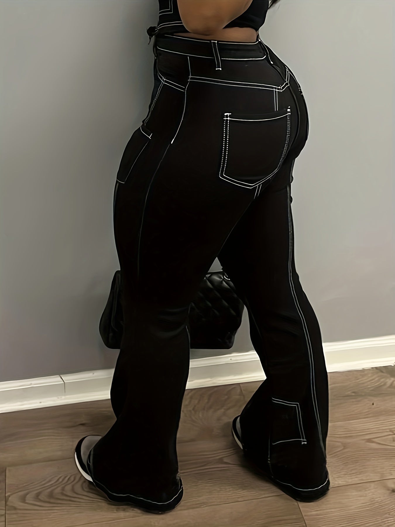 Women'S High-Waist Slimming Cargo Pants with Fashionable Chest Line Detail - Black, Casual Style for All Seasons